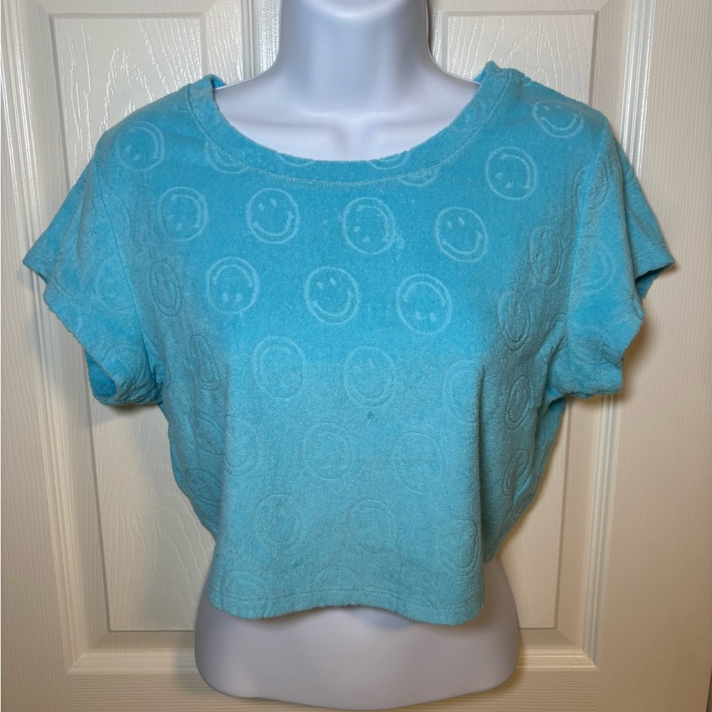 Offline by Aerie turquoise blue smiley face terry crop top Size M